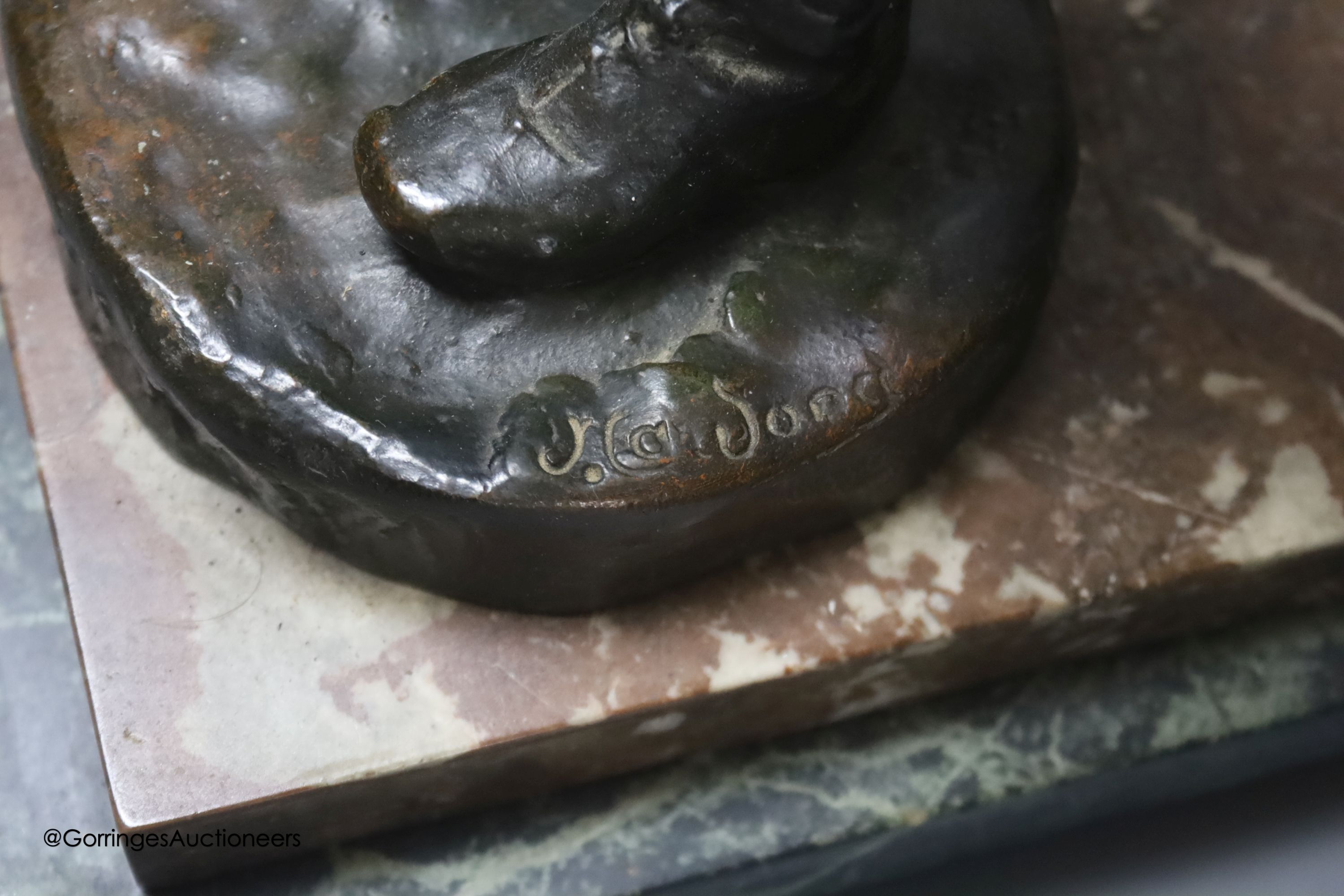 A bronze desk lamp, a boy standing beneath a street lamp, signed, height 62cm